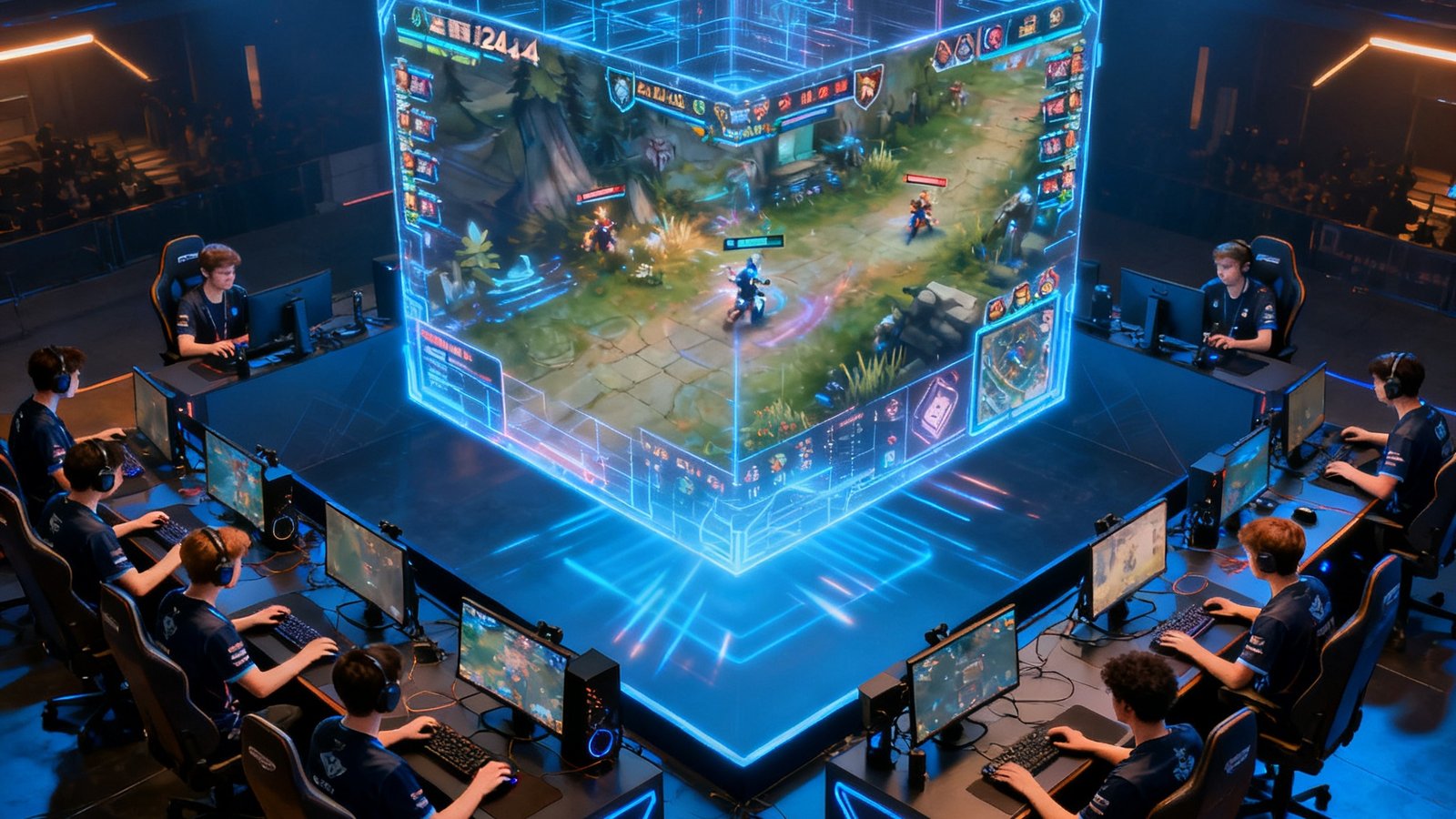 2024年电竞世界杯总决赛俯拍视角，十名选手分列两侧全神贯注操作，舞台中央悬浮的巨型全息投影展示着实时战况